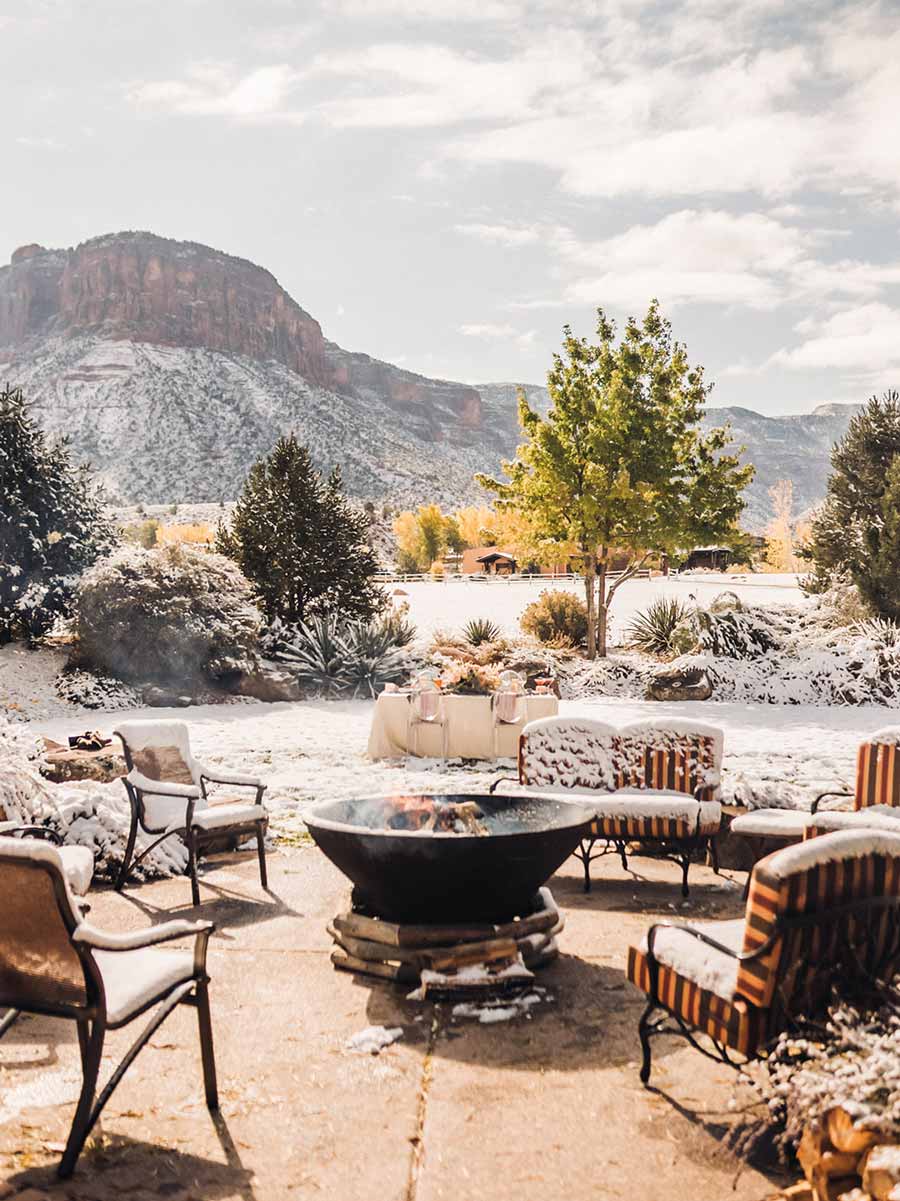Sitting Area Outside With Some Snow On The Ground.